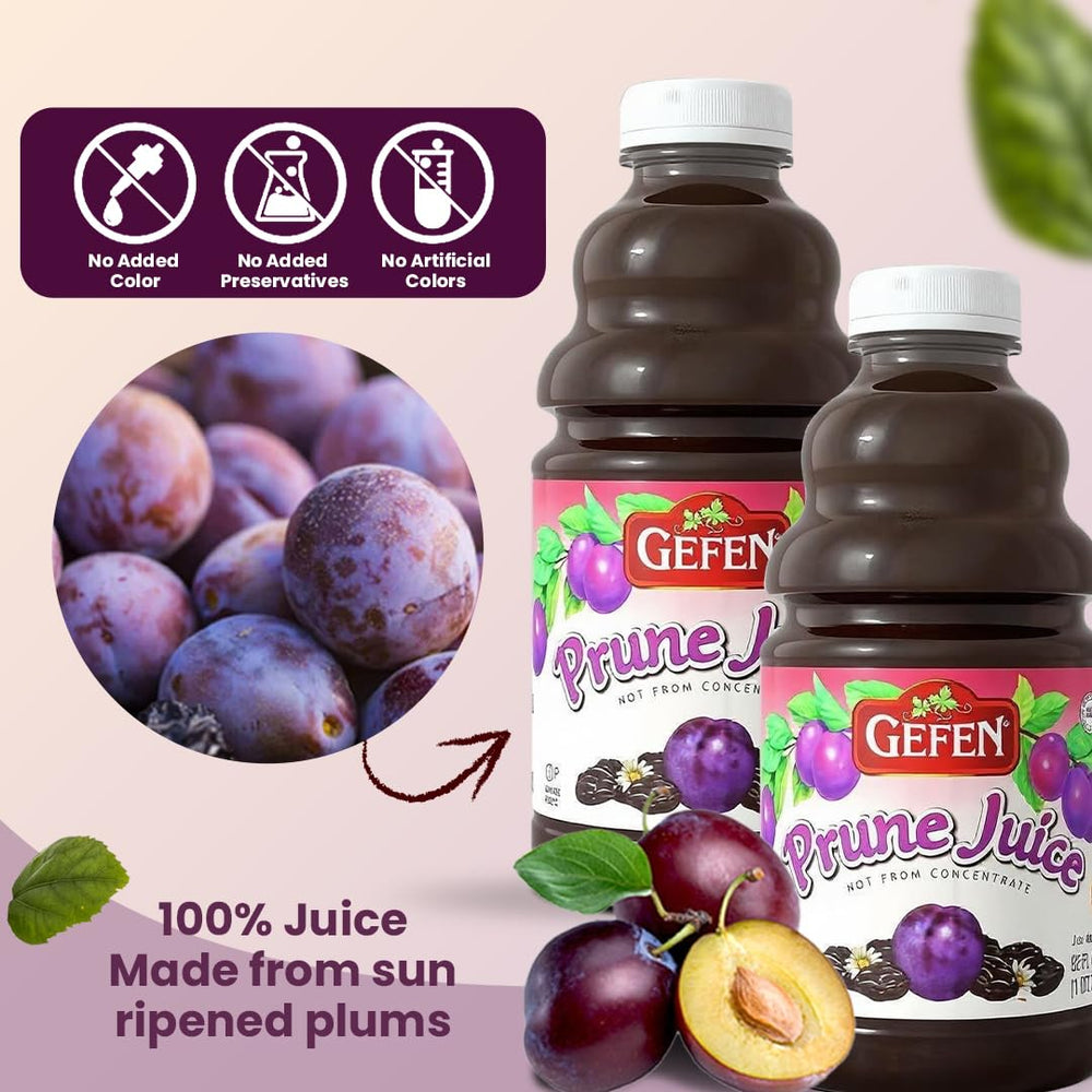 Gefen prune juice two-pack on display, ideal for households and meal planning