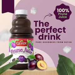 Gefen prune juice being poured into a glass for a refreshing, naturally sweet drink
