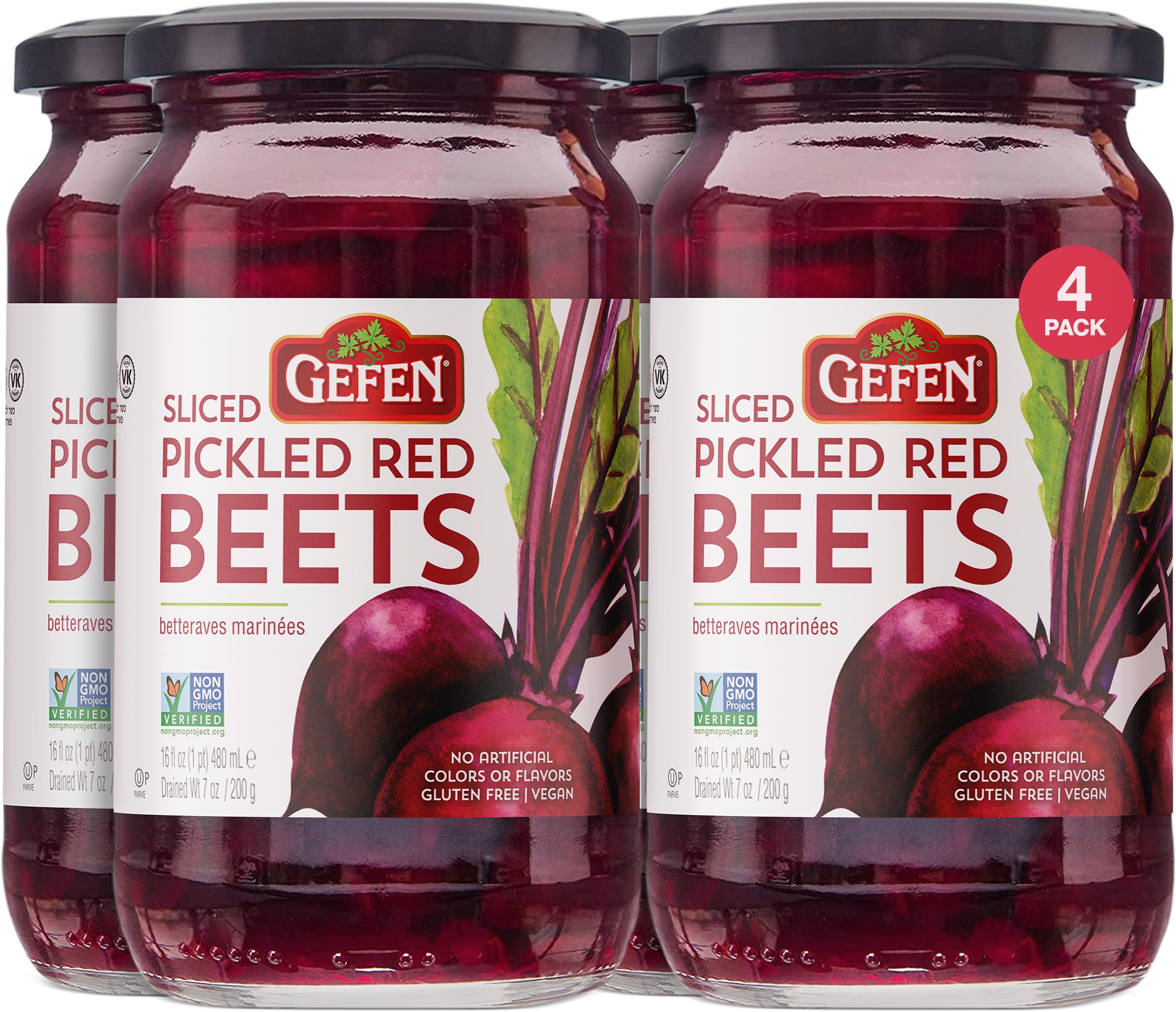 Gefen sliced pickled beets in a 16oz four-pack, crisp and tangy topping