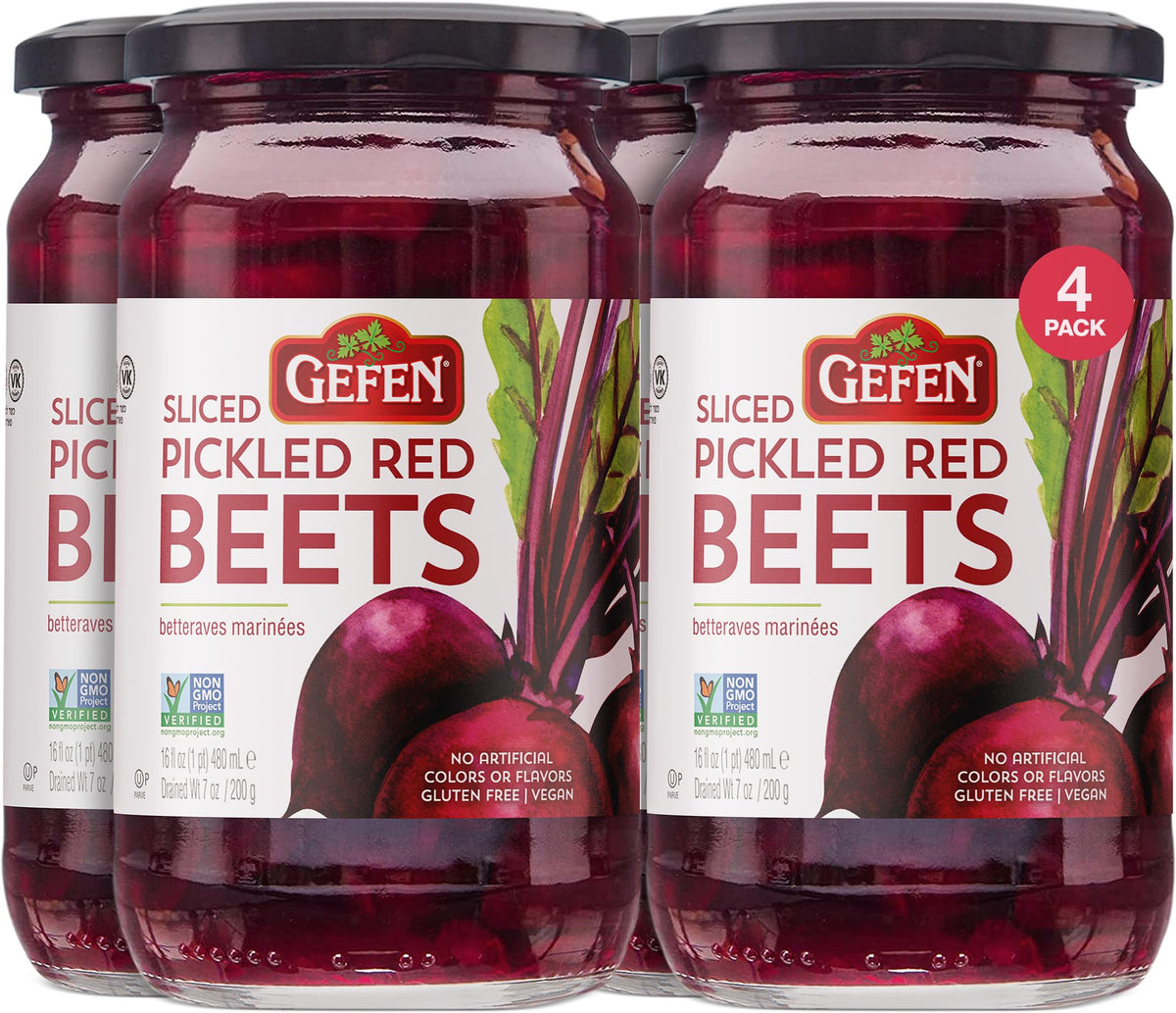 Gefen sliced pickled beets in a 16oz four-pack, crisp and tangy topping