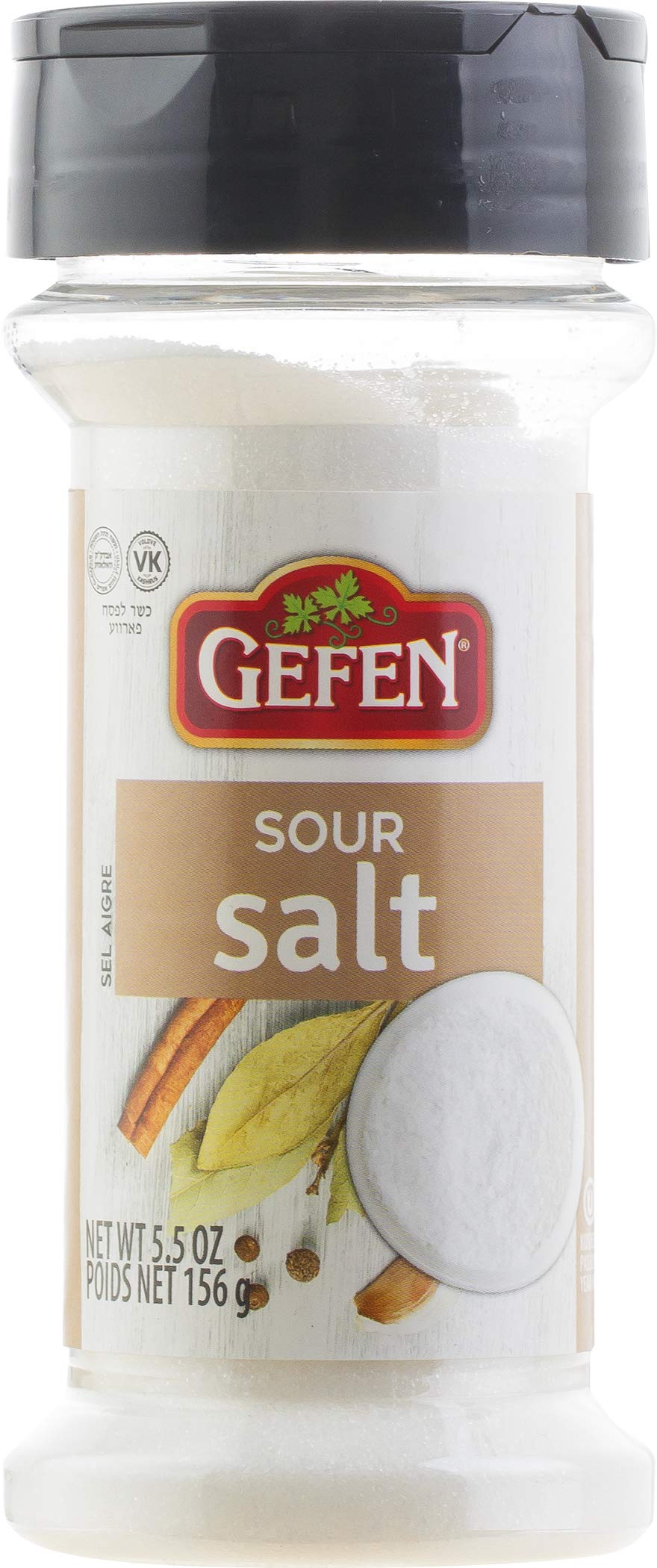 Gefen Sour Salt bottle shows tangy flavor enhancement for foods and drinks.
