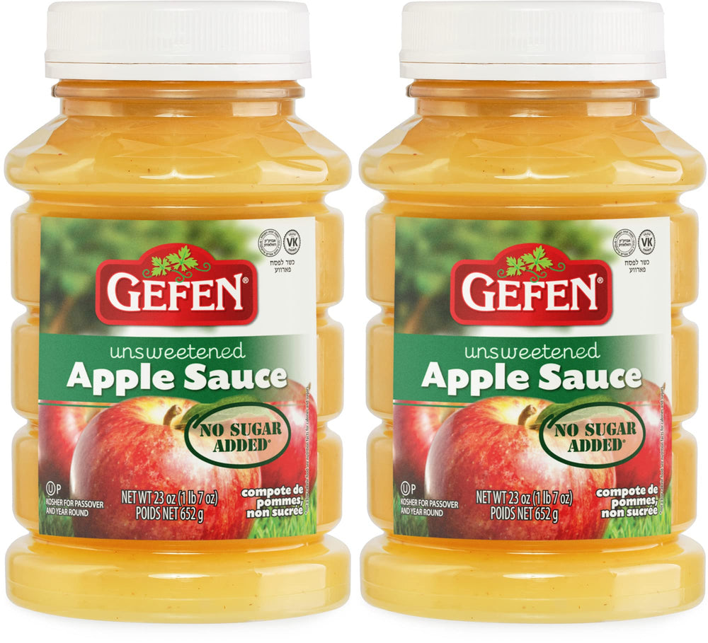 Gefen unsweetened apple sauce jar, 23oz family size, natural fruit snack with no added sugar.