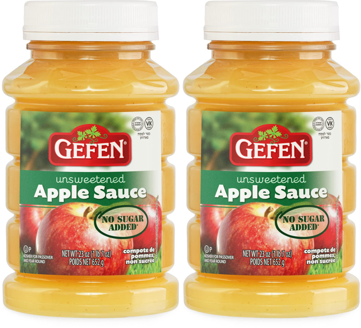 Gefen unsweetened apple sauce jar, 23oz family size, natural fruit snack with no added sugar.