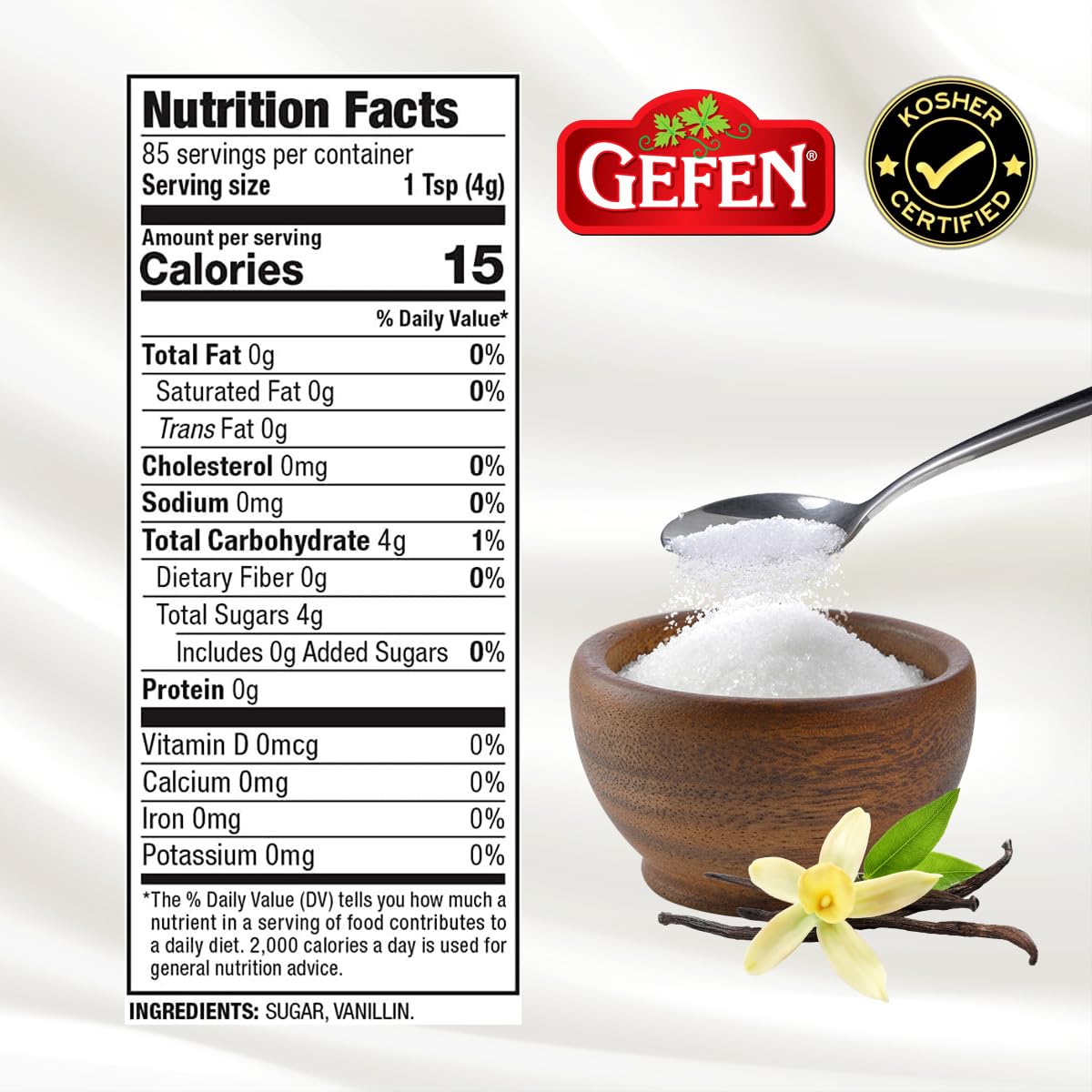 Gefen Vanilla Sugar measuring scoop included for precise baking portions.