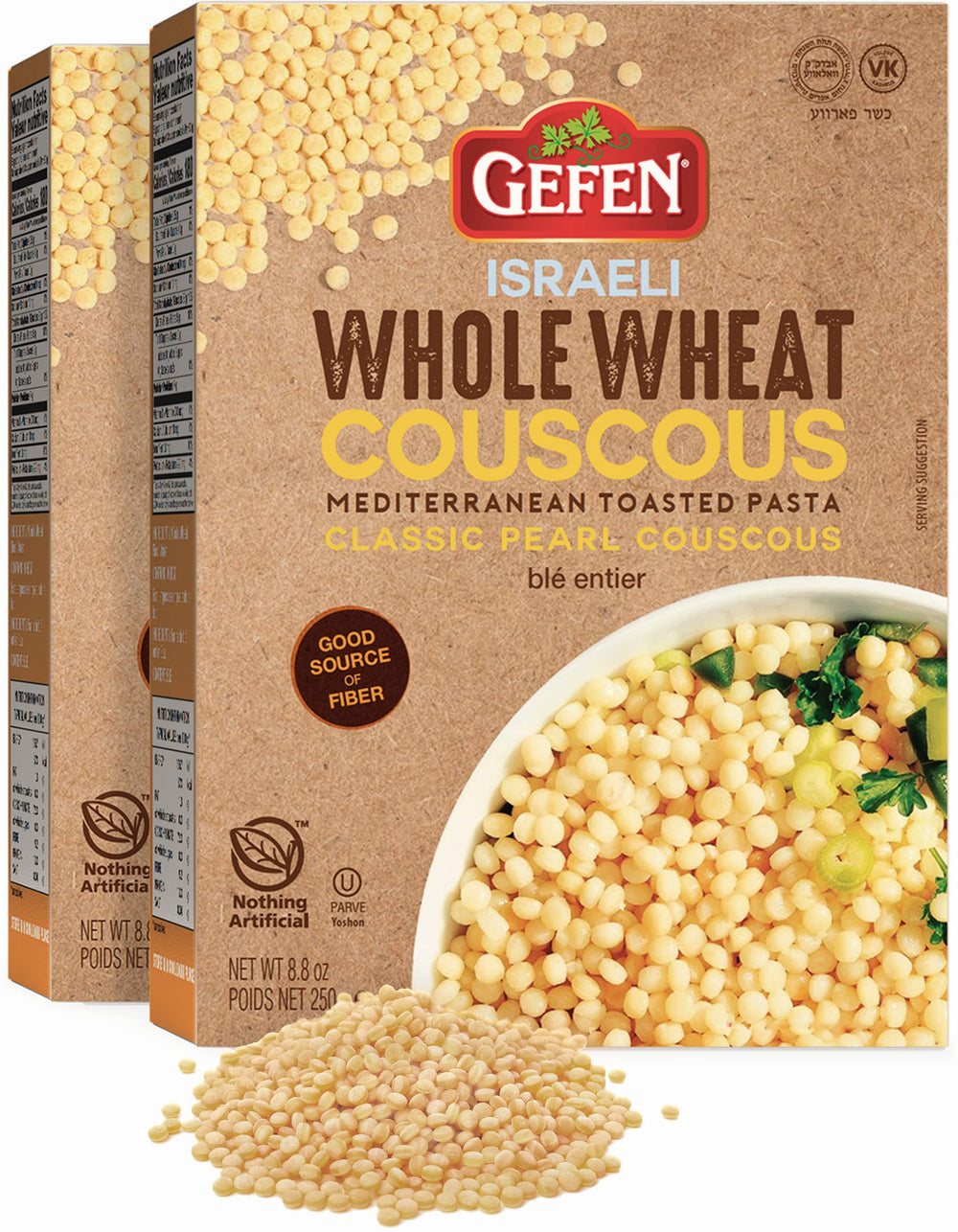 Gefen whole wheat Israeli pearl couscous packaging front, Kosher, fiber-rich pantry staple.