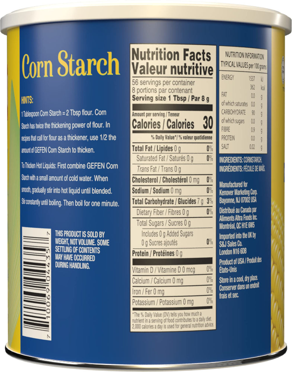 Gefen corn starch canister close-up, all-natural thickener ready for kitchen upgrades.