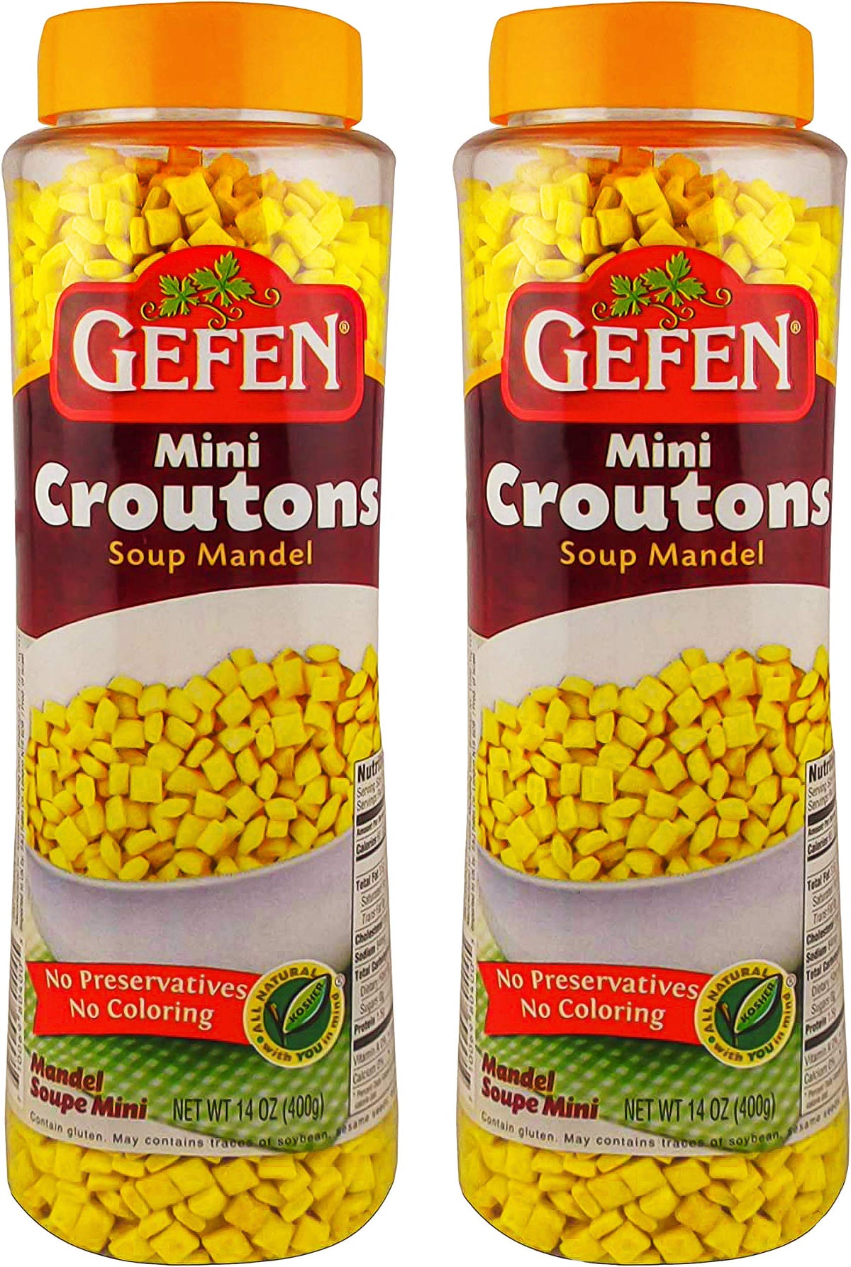 Gefen Mini Mandel soup croutons in a resealable jar add crunch to soups.
