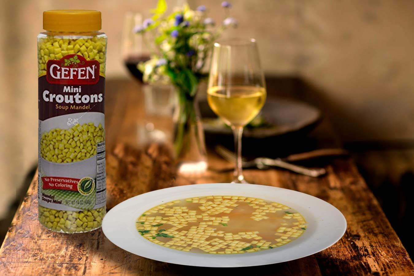 Gefen Mini Mandel croutons pour over hot soup for extra texture.