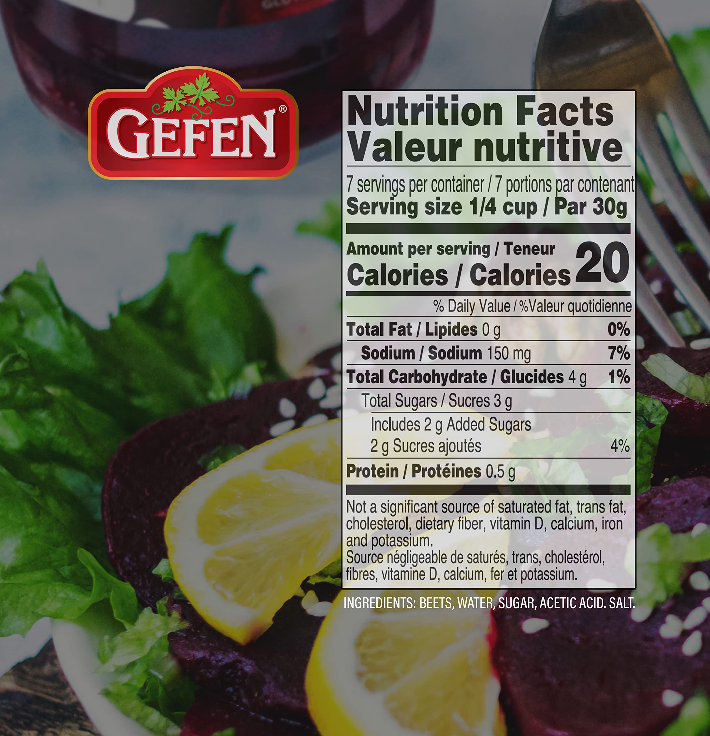 Gefen pickled beets used as a bright salad topper with tangy-sweet crunch.