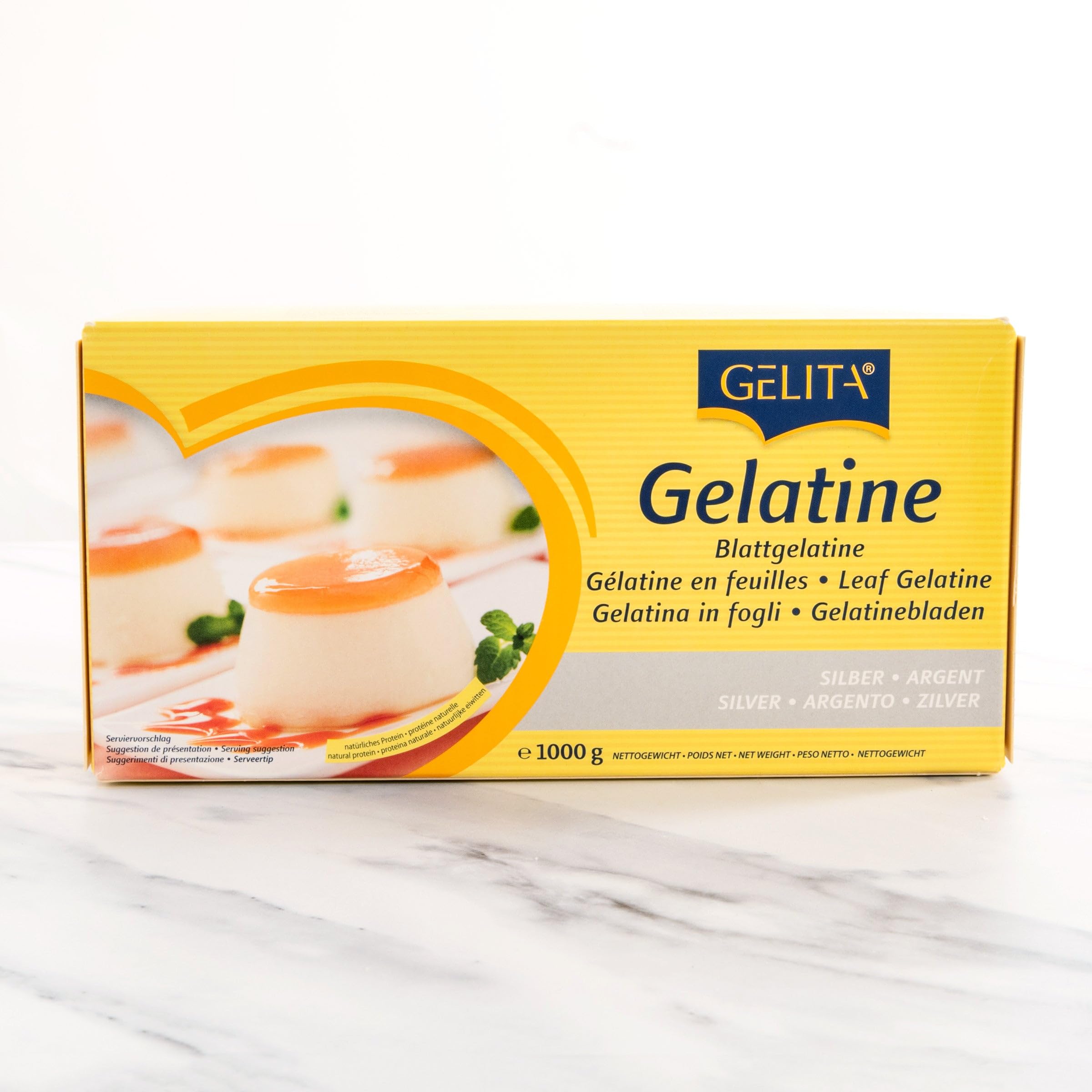Gelita Silver Gelatin Sheets in a box, ideal for smooth jellies and panna cotta