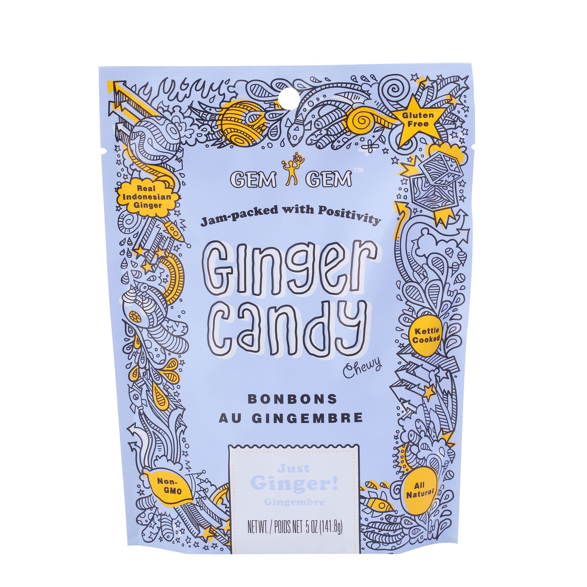 Gem Gem Ginger Candy Chews texture close-up emphasizes natural ingredients and flavor.