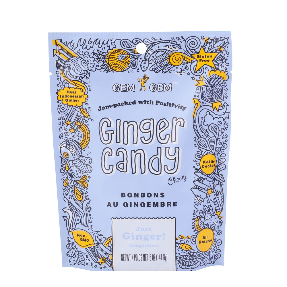Gem Gem Ginger Candy Chews texture close-up emphasizes natural ingredients and flavor.