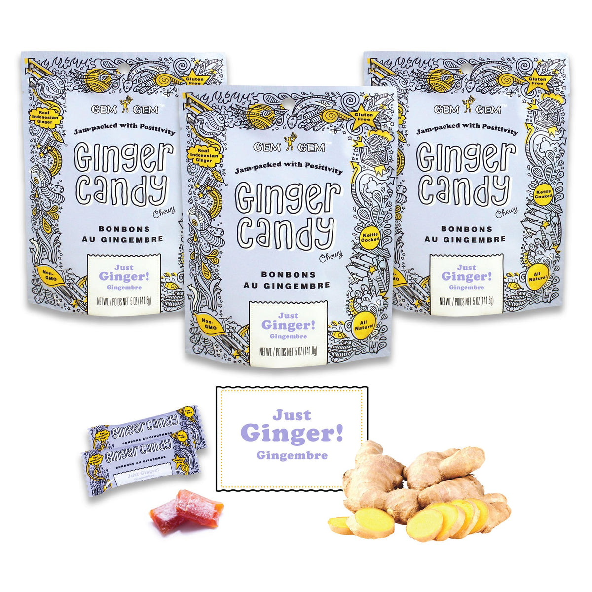 Gem Gem Ginger Candy Chews original packaging highlights bulk 3-pack.