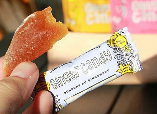 Gem Gem Ginger Candy label highlights non-GMO, gluten-free, vegan ingredients.