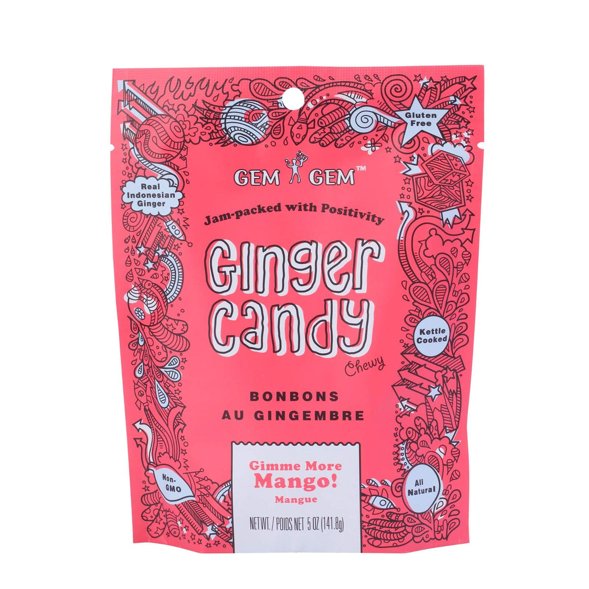 Gem Gem Ginger Candy Chews mango pack front, convenient ginger flavor for on-the-go digestion