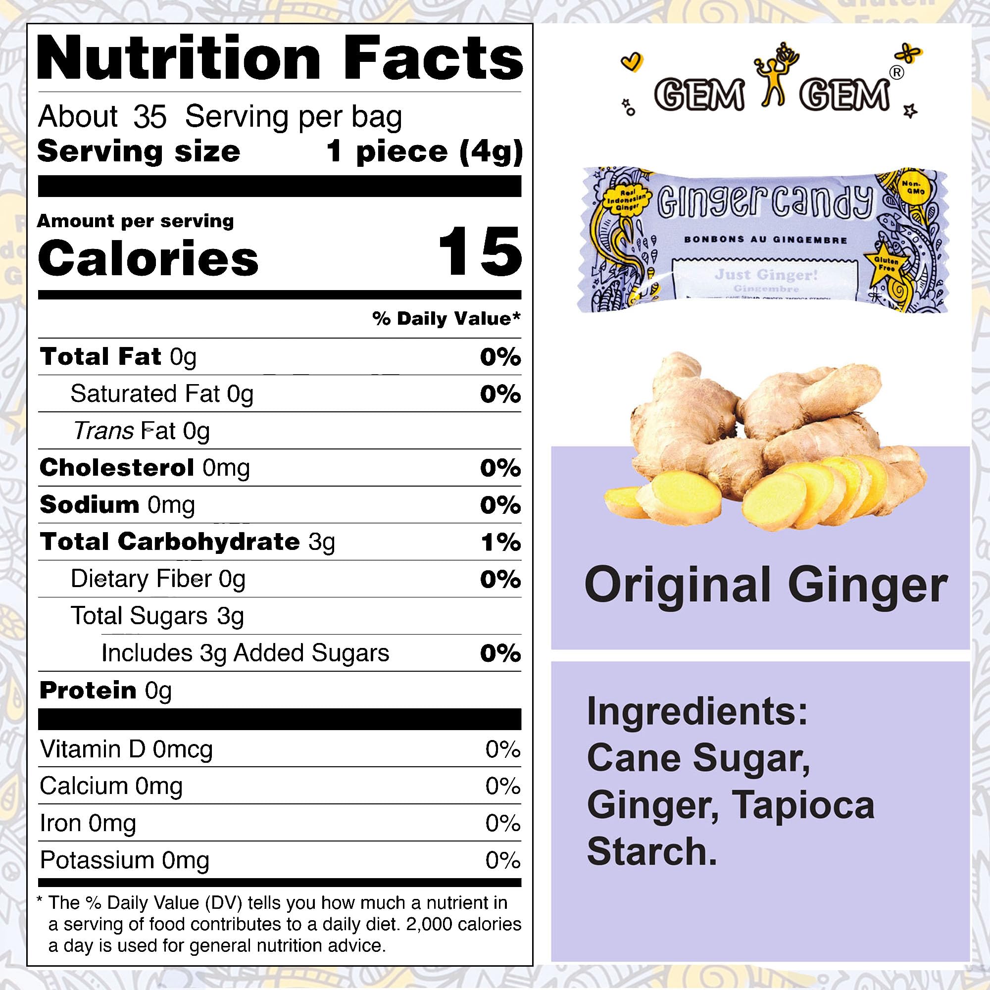 Gem Gem Ginger Candy Original pack back shows ingredients and vegan badge.