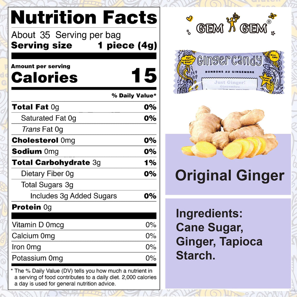 Gem Gem Ginger Candy Original pack back shows ingredients and vegan badge.
