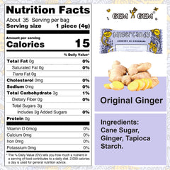 Gem Gem Ginger Candy Original pack back shows ingredients and vegan badge.