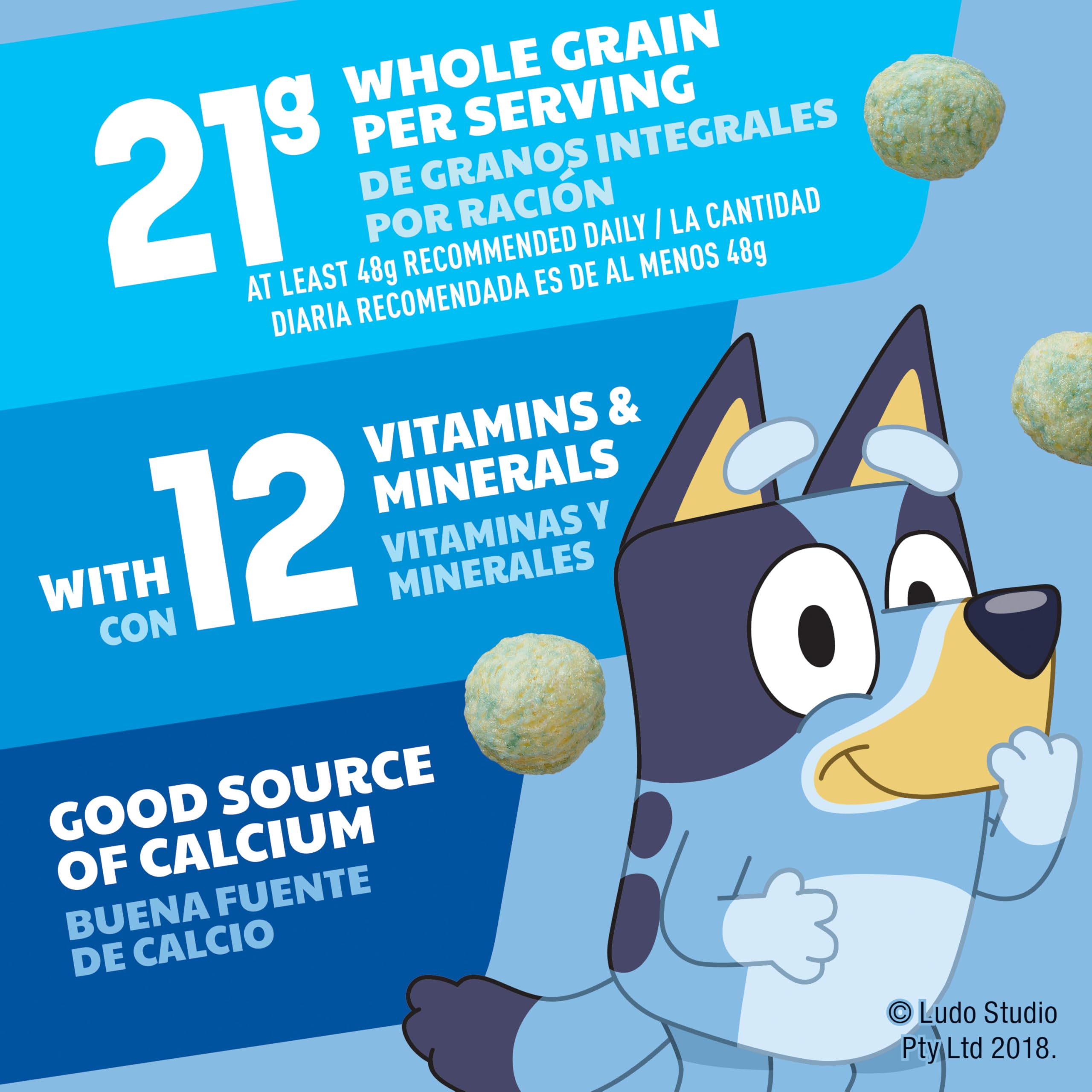 General Mills Bluey Cereal packaging close-up highlights no synthetic colors