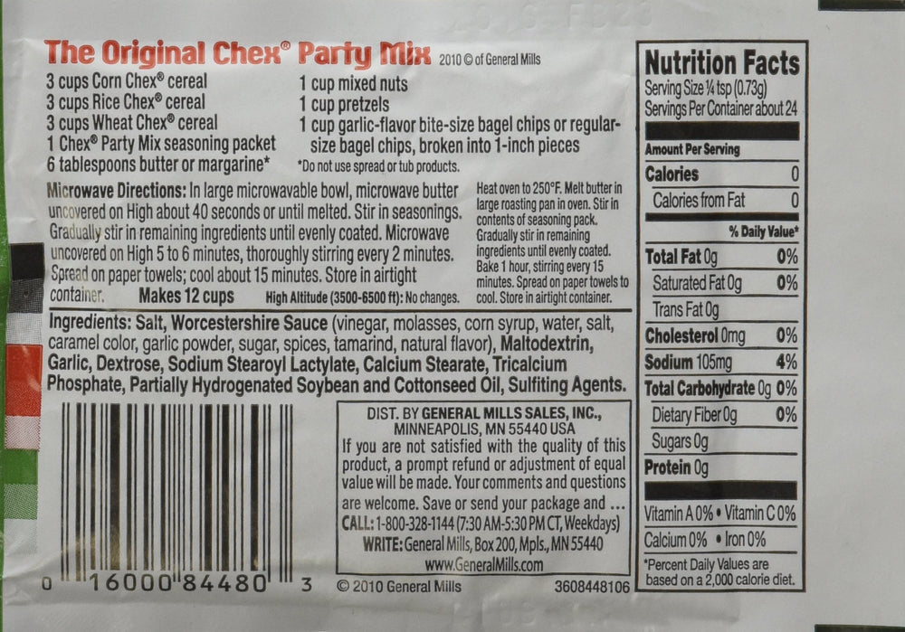 General Mills Chex Original Seasoning back view with usage tips and storage ideas.