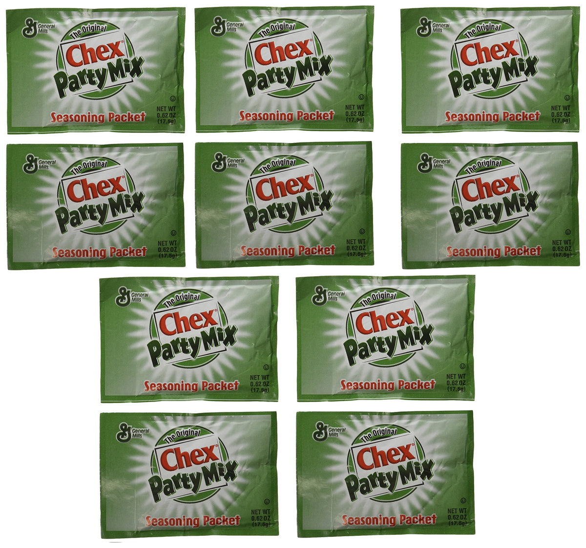 General Mills Chex Original Seasoning ten packets front view for quick party mix prep.