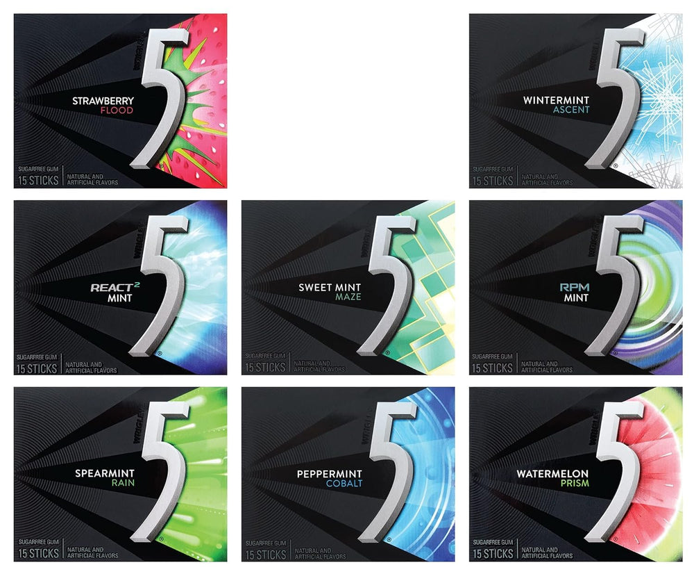 Generic 5 Gum six-flavor variety pack front view highlights sugar-free, low-calorie chewing option.