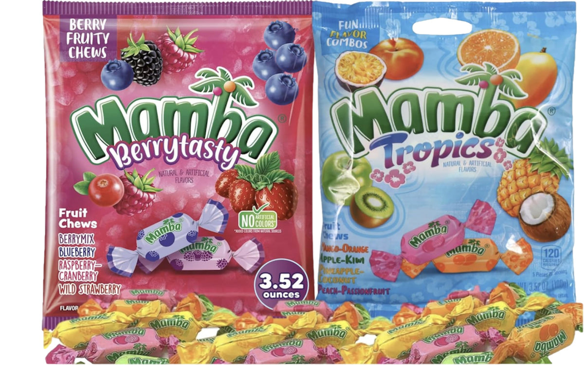 Generic Berrytasty and Tropics Mamba fruit chews in the pocket bag for on-the-go snacking