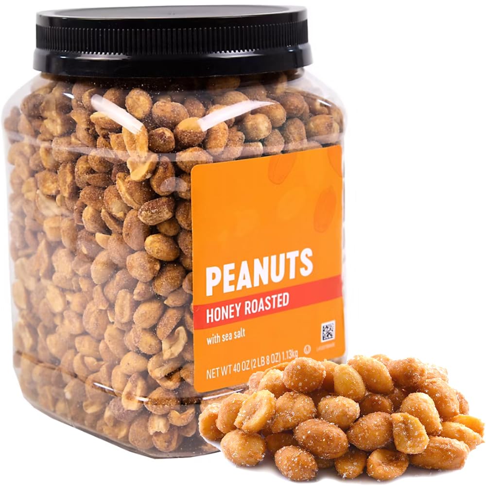 Generic Honey Roasted Peanuts in a resealable jar, high-protein snack for busy days.