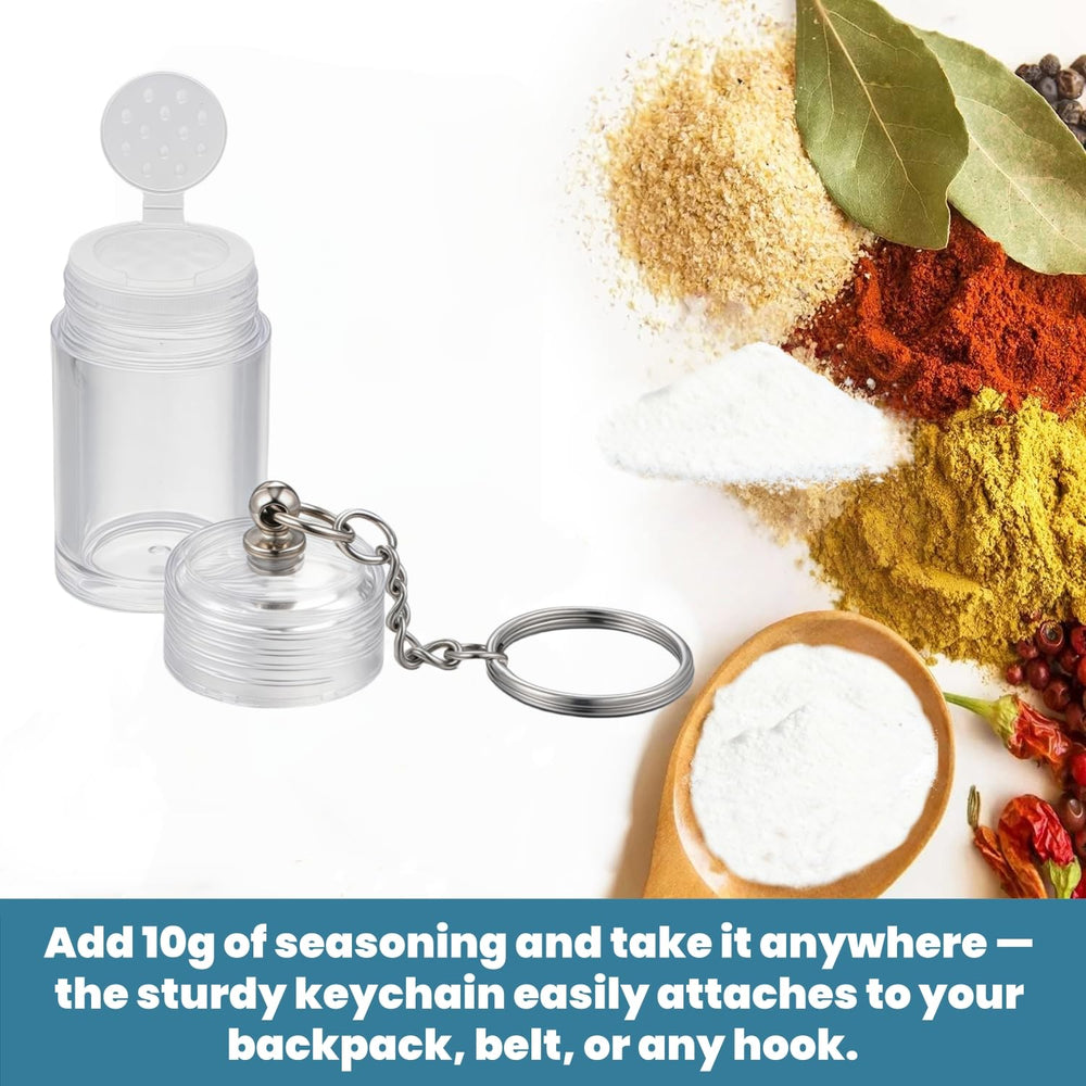 Generic mini salt keychain bottle in use at a picnic for added flavor.