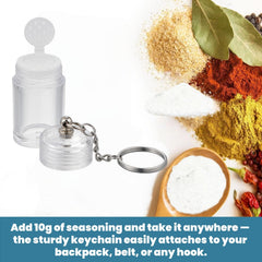 Generic mini salt keychain bottle in use at a picnic for added flavor.