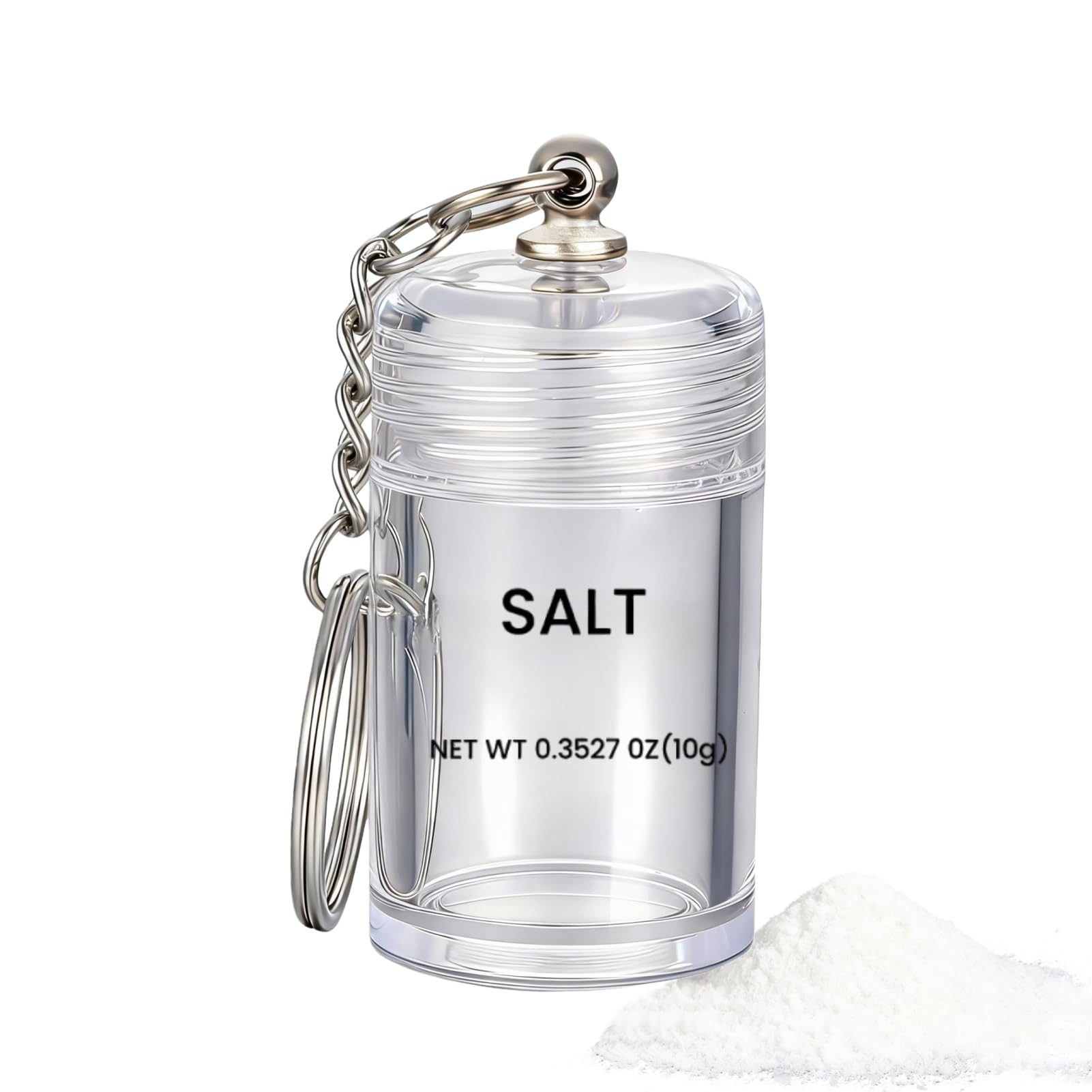Generic mini salt keychain bottle side view for on-the-go seasoning.