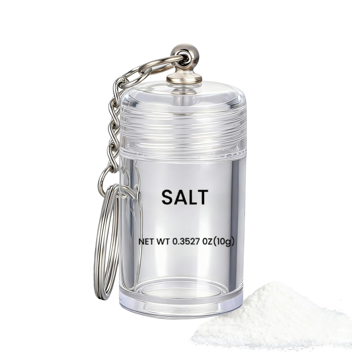 Generic mini salt keychain bottle side view for on-the-go seasoning.