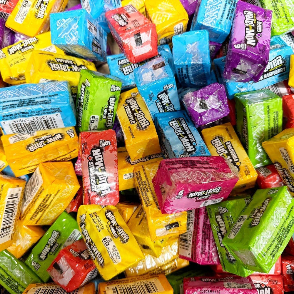 Generic Now and Later mega variety display highlights long-lasting chew and flavor variety.
