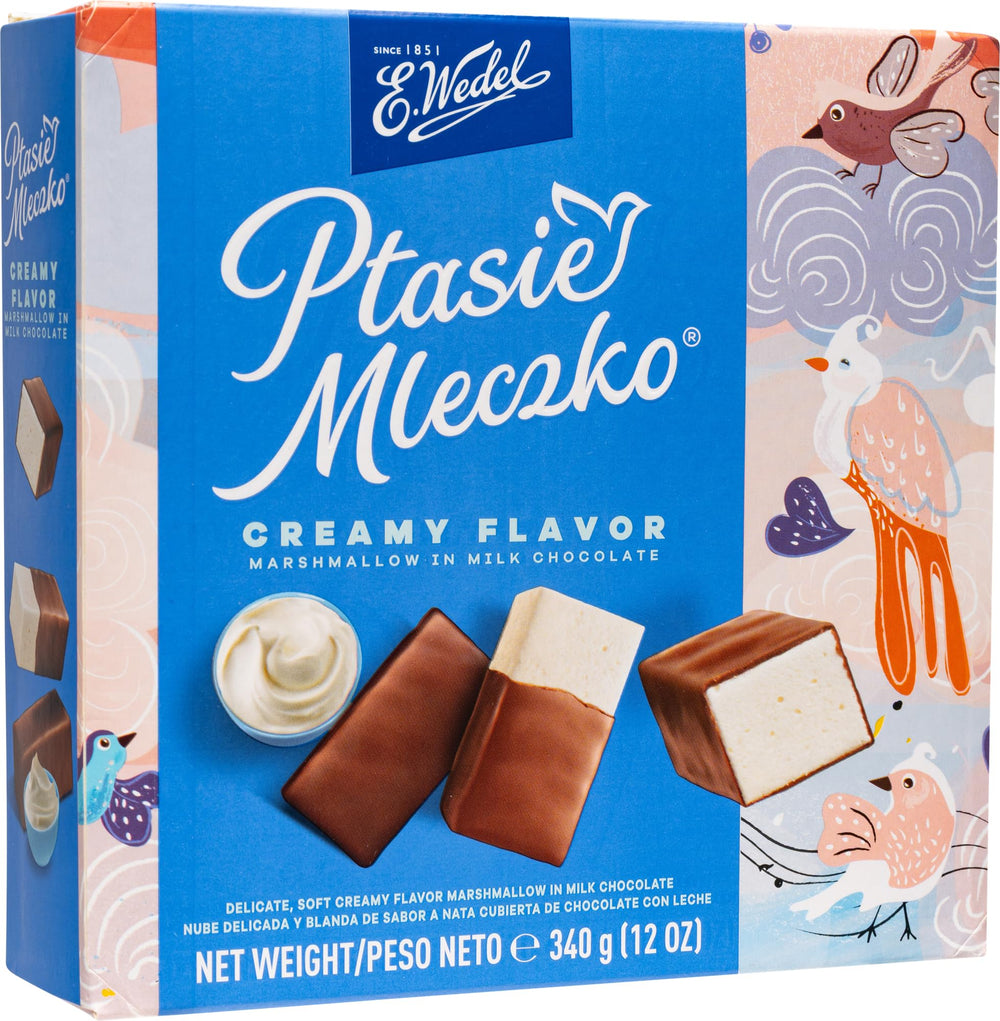 Generic E. Wedel Ptasie Mleczko candy box front shows creamy marshmallow center, ideal for sharing.