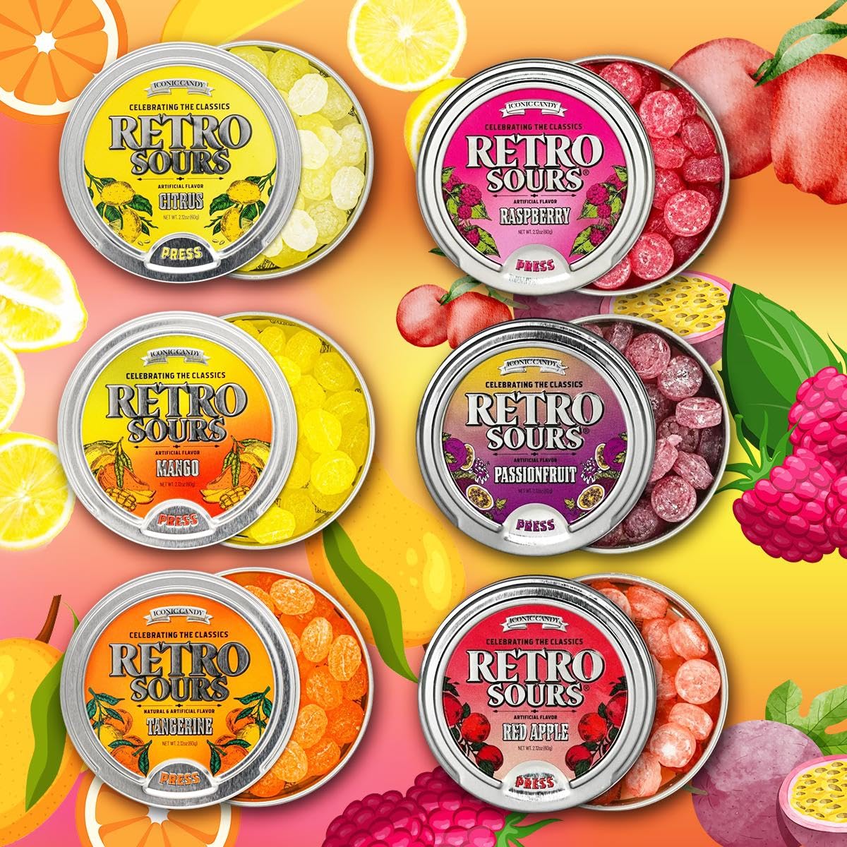 Generic Retro Sours 6-pack tins show tangy fruit flavors, ideal for sharing or gifting.
