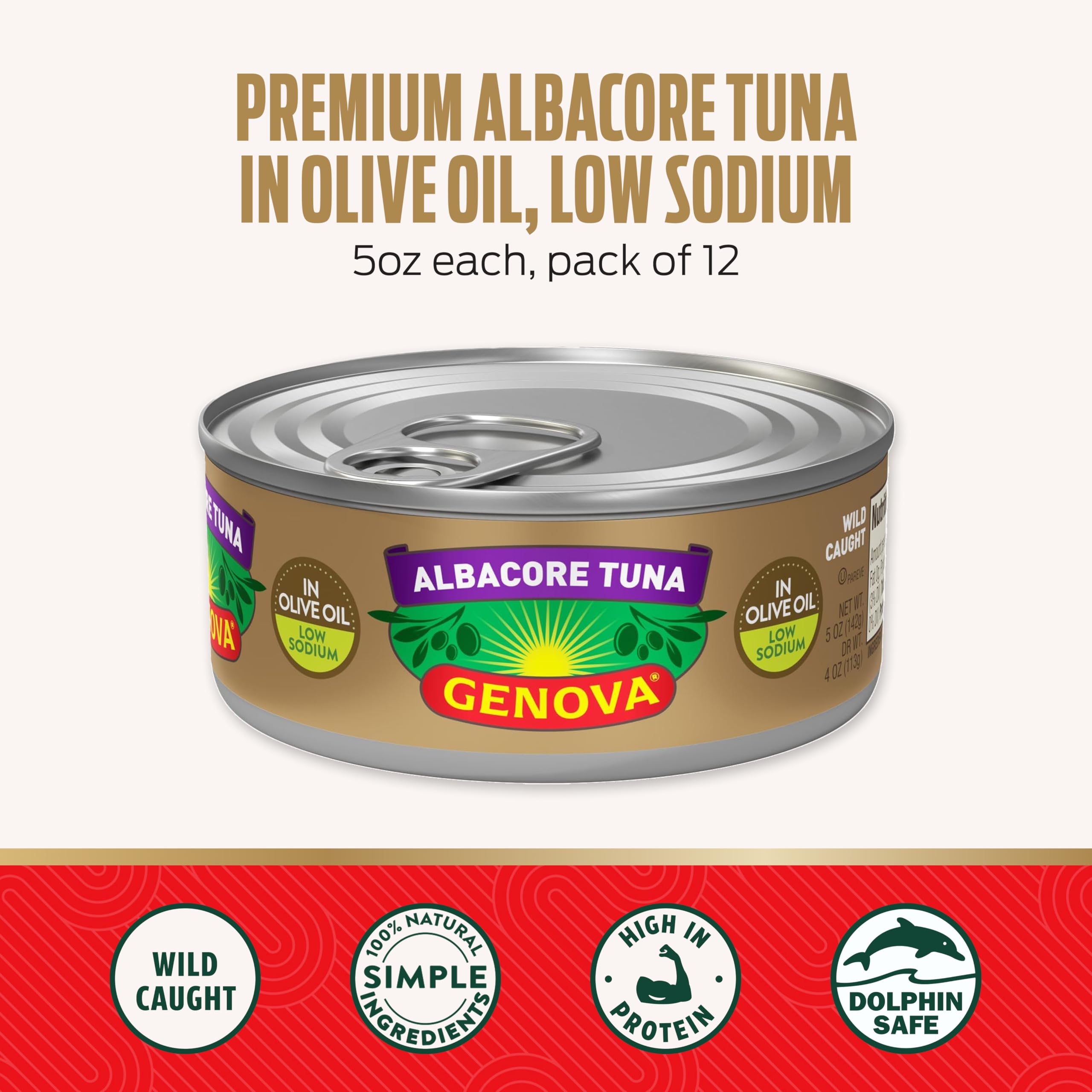 Genova low-sodium albacore tuna in olive oil; ideal light meals.
