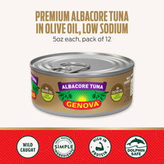 Genova low-sodium albacore tuna in olive oil; ideal light meals.