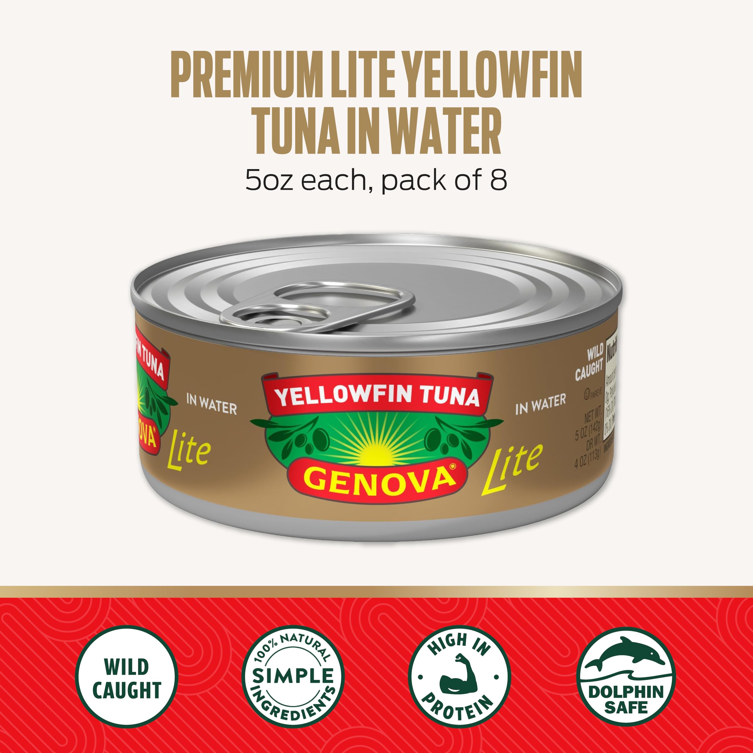 Genova Premium Lite Yellowfin Tuna in Water packaging, shelf-stable and convenient