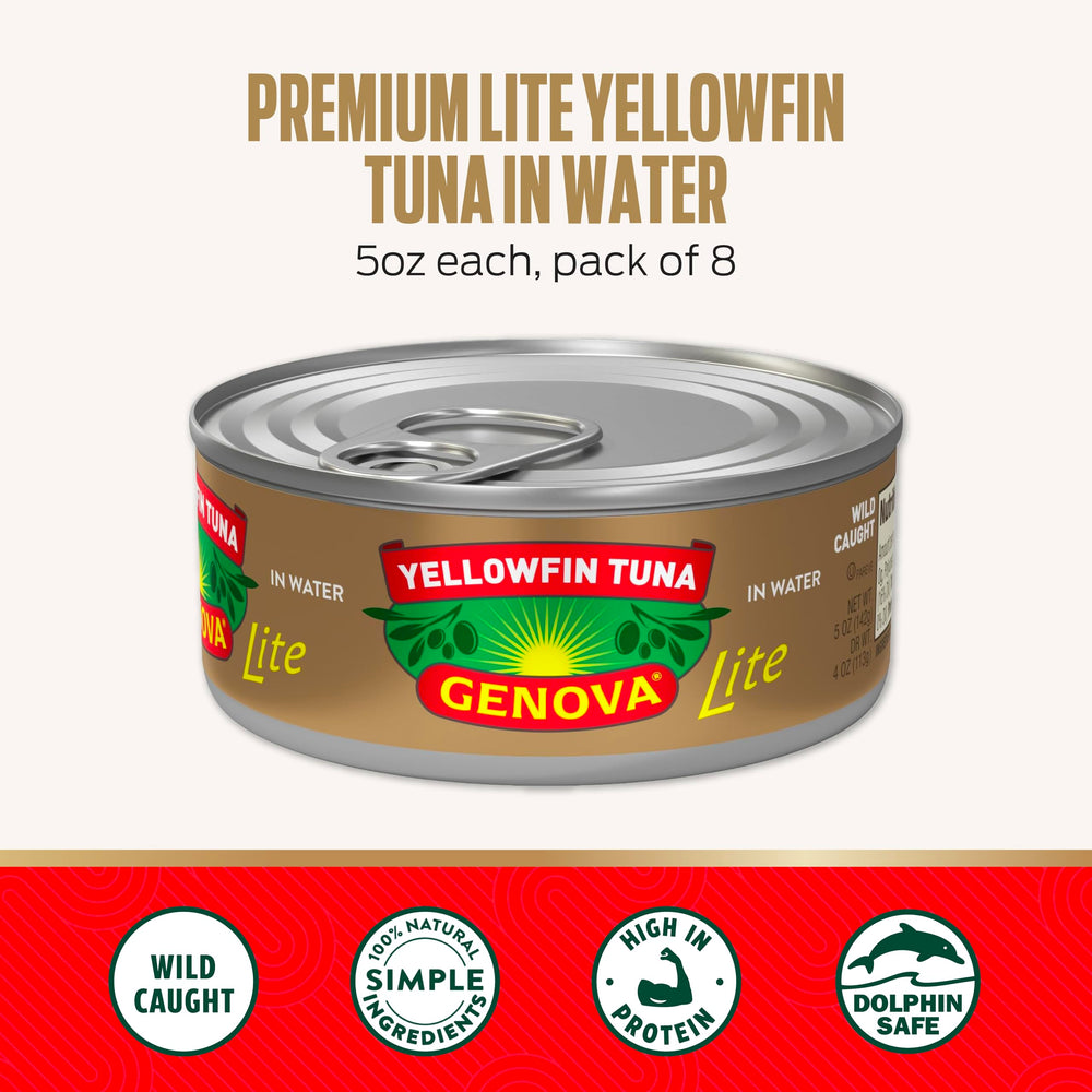 Genova Premium Lite Yellowfin Tuna in Water packaging, shelf-stable and convenient