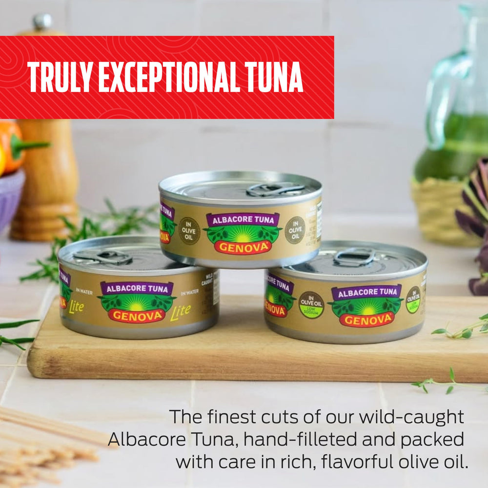 Genova wild-caught albacore tuna in olive oil; traceable sourcing for responsible meals.