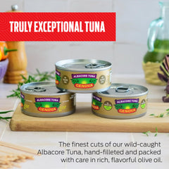 Genova wild-caught albacore tuna in olive oil; traceable sourcing for responsible meals.