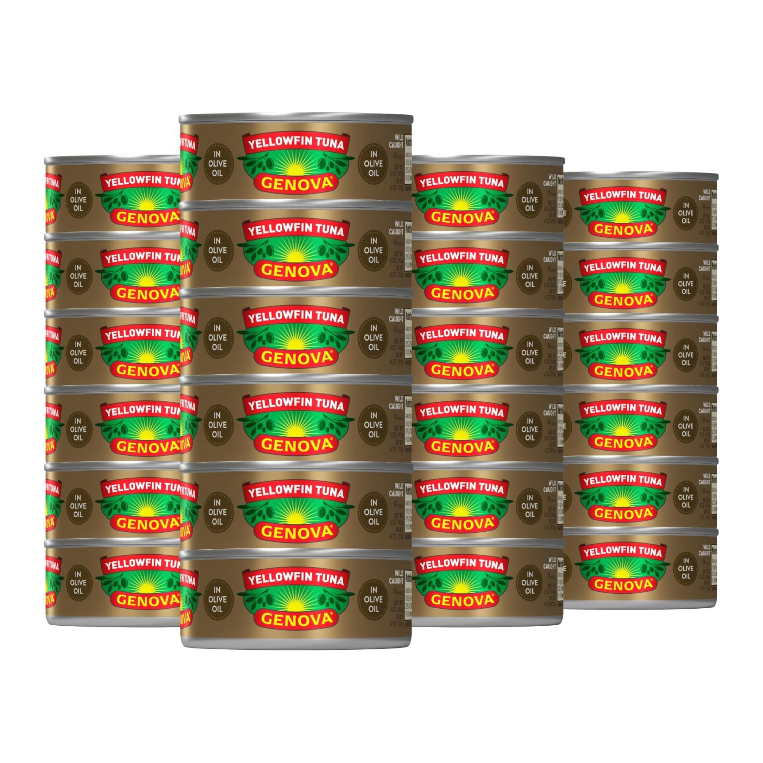 Genova yellowfin tuna in olive oil cans on shelf, convenient protein for quick meals.