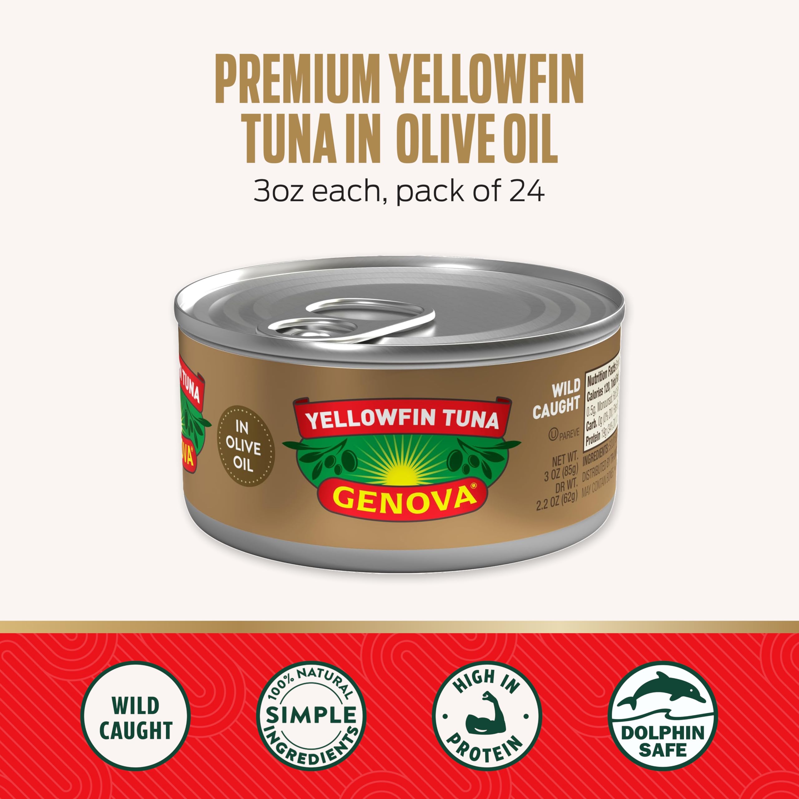 Genova yellowfin tuna olive oil label emphasizes wild-caught provenance.