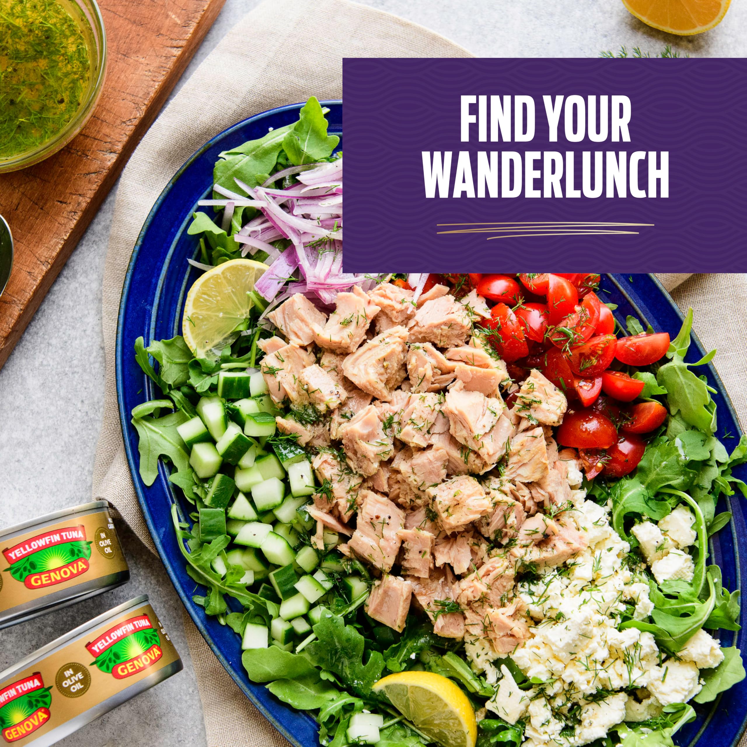 Genova yellowfin tuna olive oil on a salad looks protein-rich and flavorful.