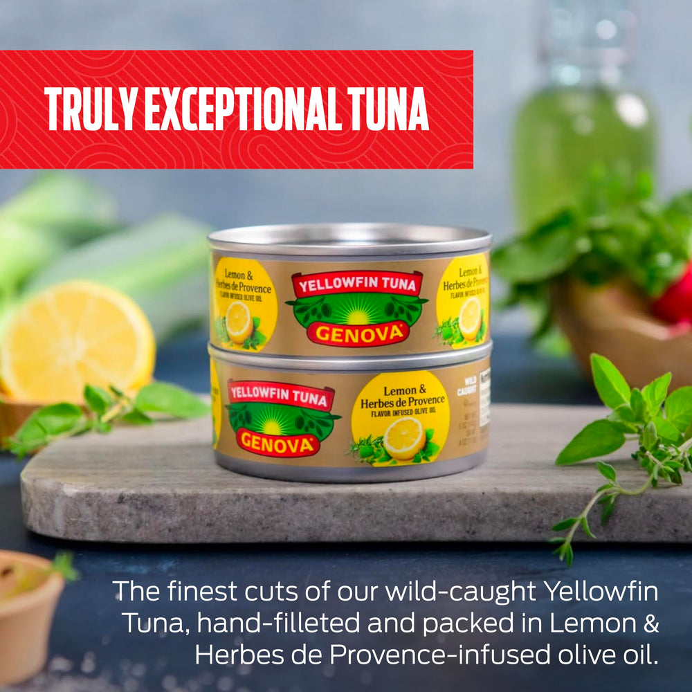Genova yellowfin tuna tins-on-shelf highlights bulk pack convenience.