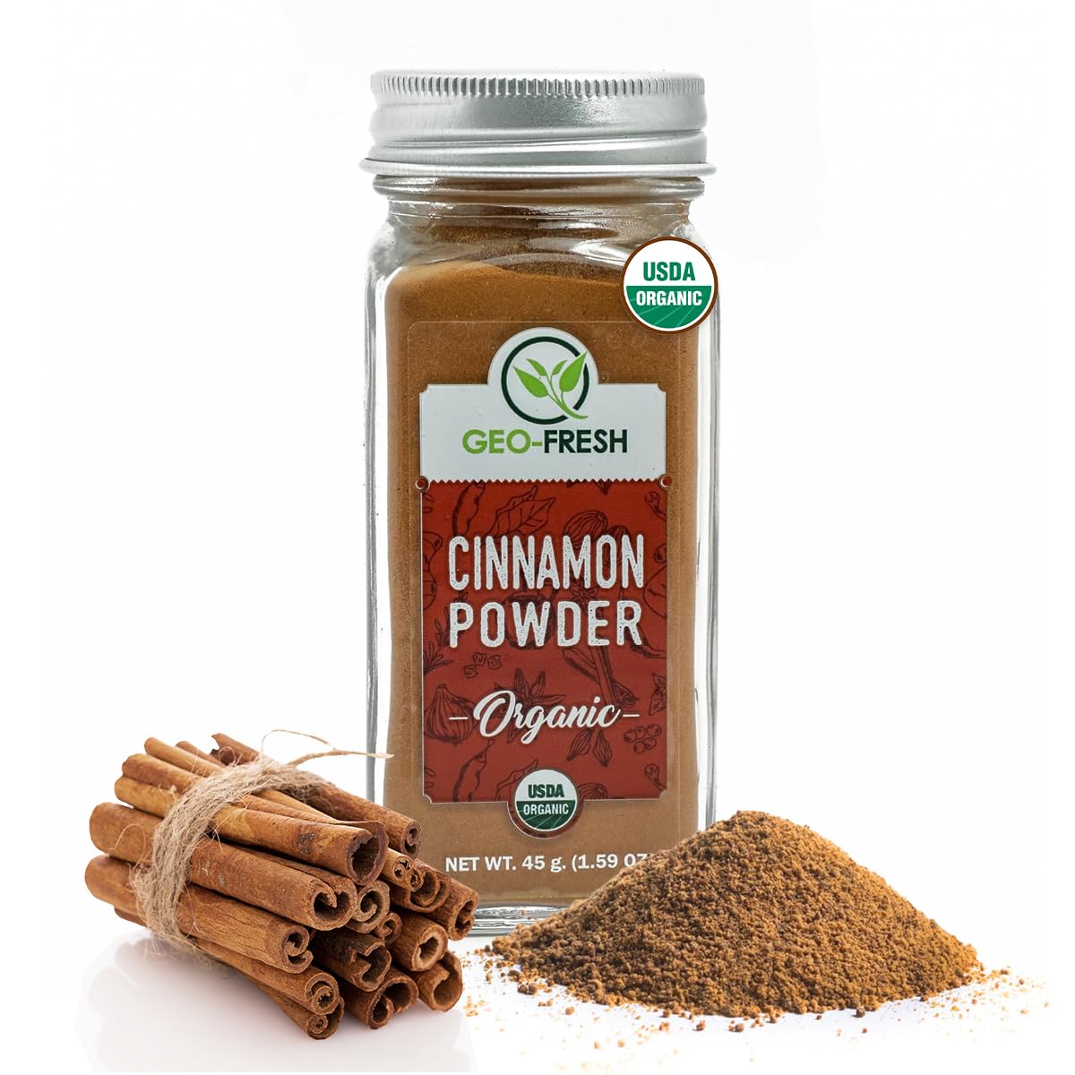 Geo-Fresh Cinnamon Powder jar front, premium flavor for baking and beverages.