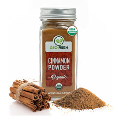 Geo-Fresh Cinnamon Powder jar front, premium flavor for baking and beverages.