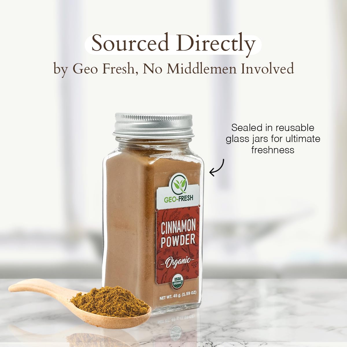 Geo-Fresh Cinnamon Powder spoon dusting over batter for easy seasoning.