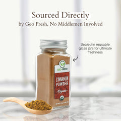 Geo-Fresh Cinnamon Powder spoon dusting over batter for easy seasoning.