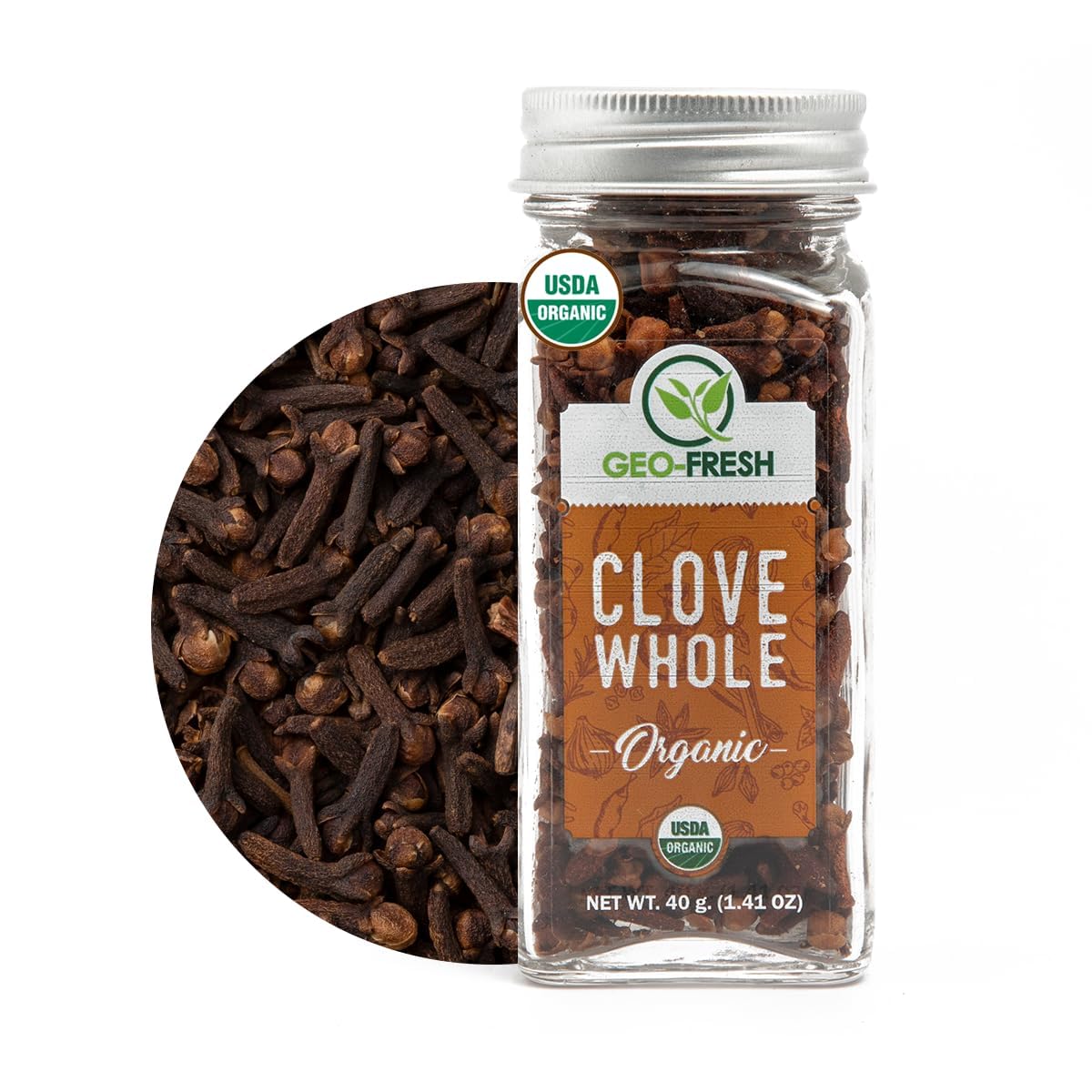 Geo-Fresh Cloves Whole Organic in glass jar front for fresh aroma